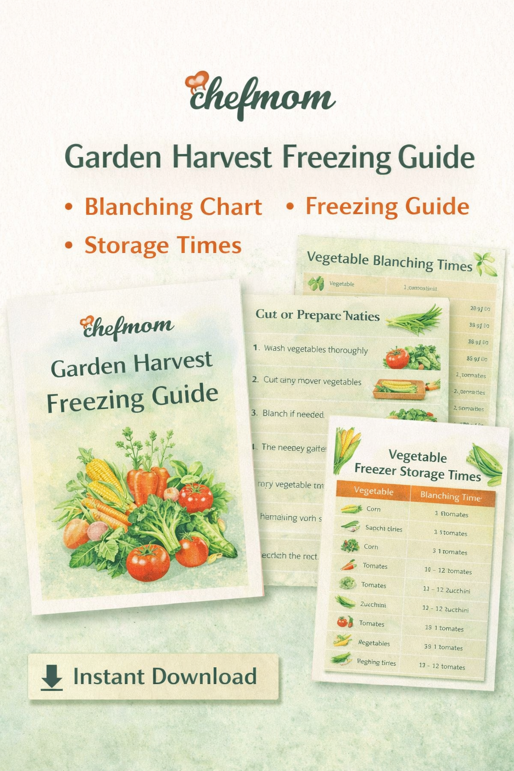 Chefmom Garden Harvest Freezing Guide | Vegetable Blanching Chart & Freezer Storage Times Printable