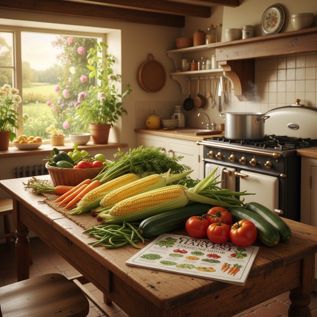 Fresh garden vegetables spread on a farmhouse table with a printed vegetable freezing guide and a blanching pot on the stove in the background