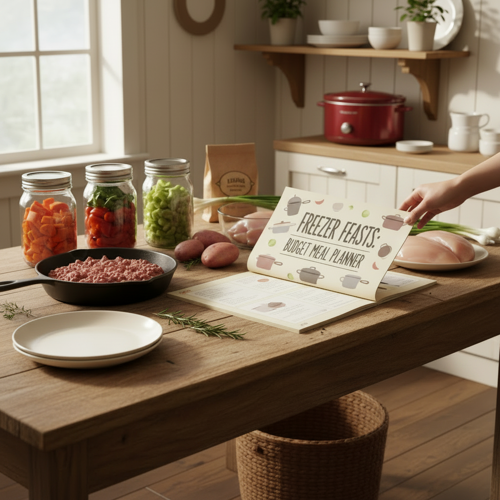 Country kitchen scene with printed freezer meal planning guide on a rustic farmhouse table with a crockpot in the background