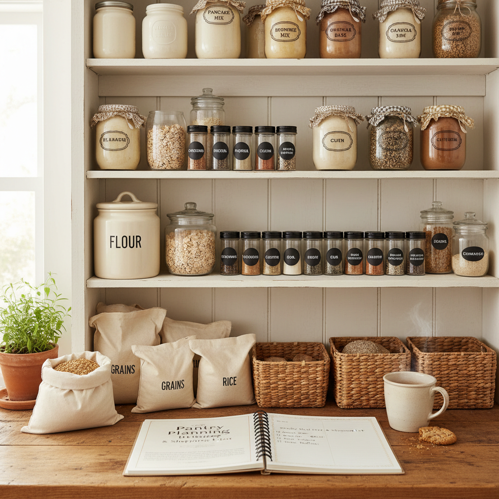 Organized pantry shelf with mason jars of homemade mixes and spices, with a printed pantry planning guide open on a rustic wooden counter
