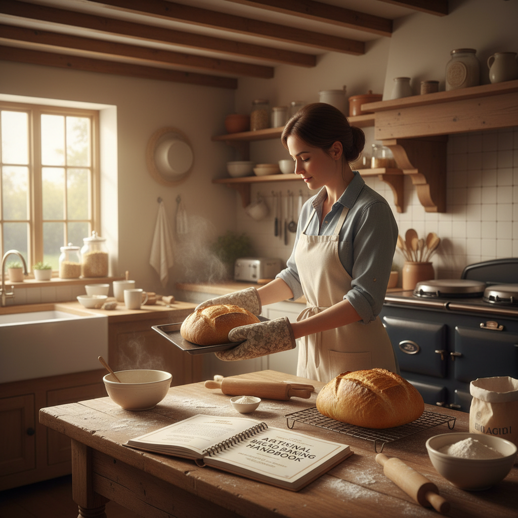 Busy mom pulling a golden homemade bread loaf out of the oven with a printed baking guide open on a rustic farmhouse counter