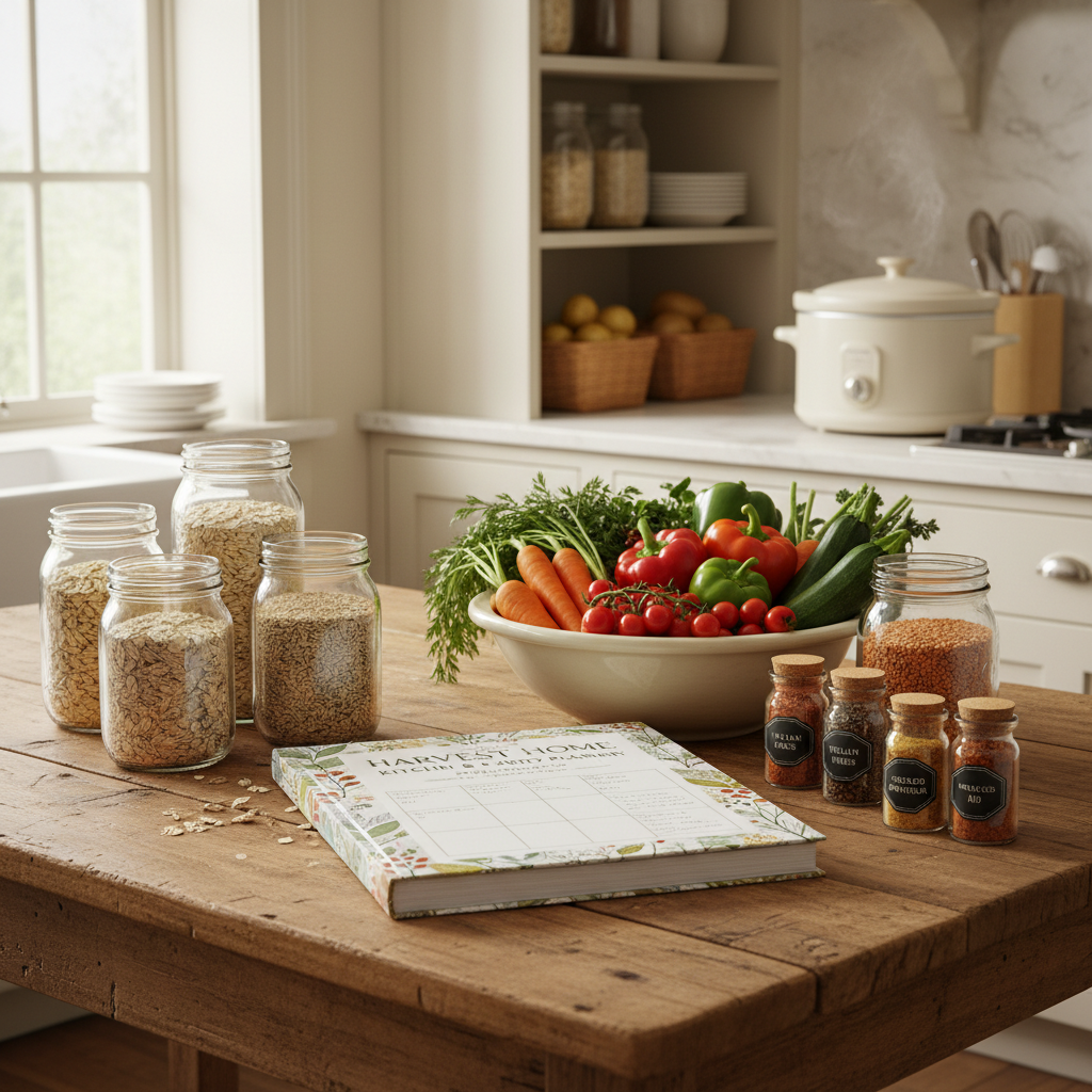 Country kitchen scene with open kitchen planning guide on a farmhouse table surrounded by pantry staples, mason jars, and a crockpot in the background