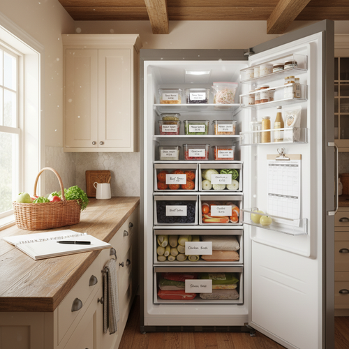 Neatly organized open freezer with labeled bags and containers, with a printed freezer organization kit open on a rustic farmhouse counter nearby